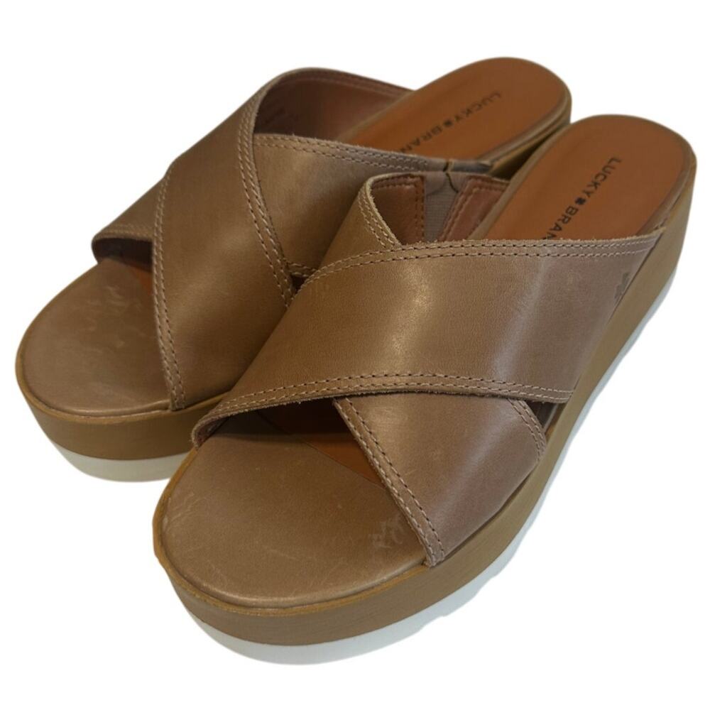 Lucky Brand Cortado Tan Leather Criss Cross Platform Slide Sandals